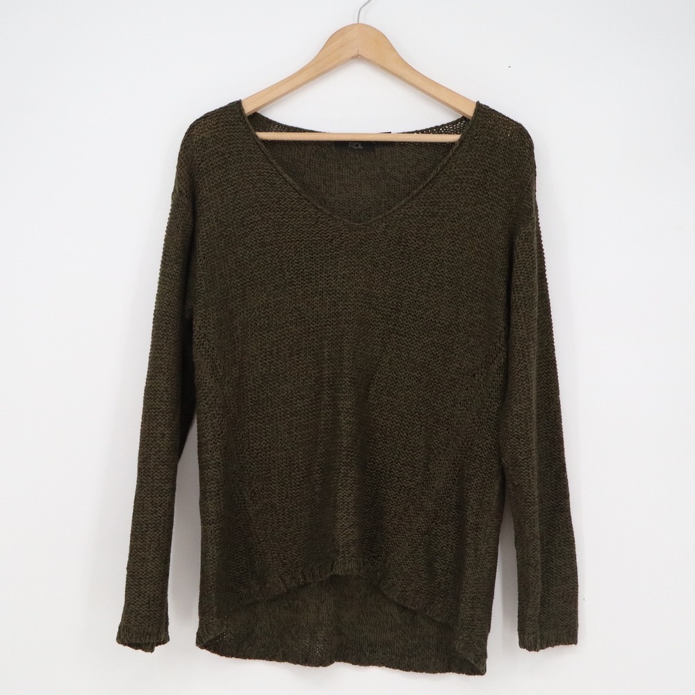 RDI Olive Green V-Neck Knit Sweater with Quilted Elbow Patches Large High-Low